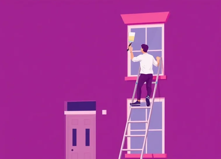 Peintre sur échafaudage traitant la façade d'une maison
