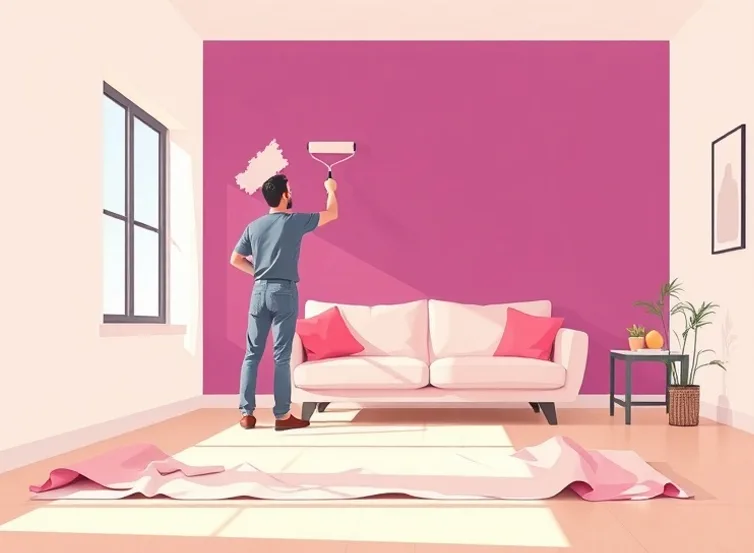 Peintre appliquant la peinture au rouleau sur un mur de salon